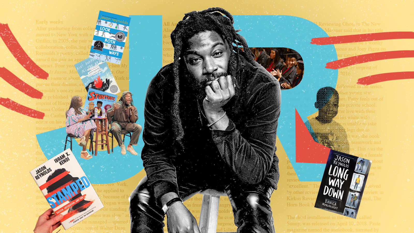 Jason Reynolds sits leaning forward with his hand to his face, centered in a colorful collage featuring book covers, speaking events, and graphic design elements related to his work.