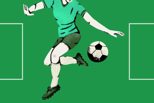 A digital artwork of a soccer player kicking a ball on a green field.