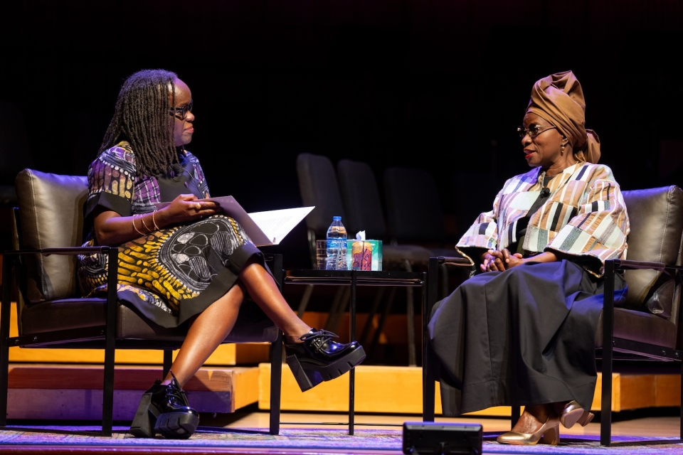 Dean Shonekan and Angélique Kidjo chat onstage at The Clarice