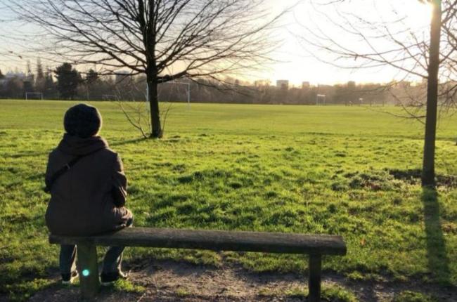 A person sits on a bench and stares out at a field.