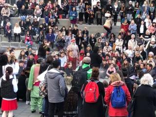 A crowd of people watch a performance outside. 